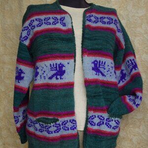 100% Llama Wool Cardigan Sweater Handmade Bolivia Dragons Birds Tribal Folk Knit
